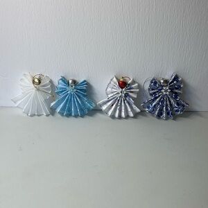 Set of 4 Handmade Ribbon Angel Ornaments in White and Blue